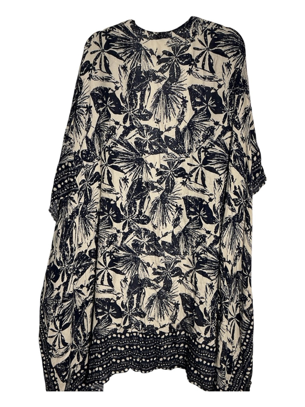 SAACHI Tropical Woodblock Short Duster Navy Ivory Rayon Kimono One Size - Picture 2 of 5